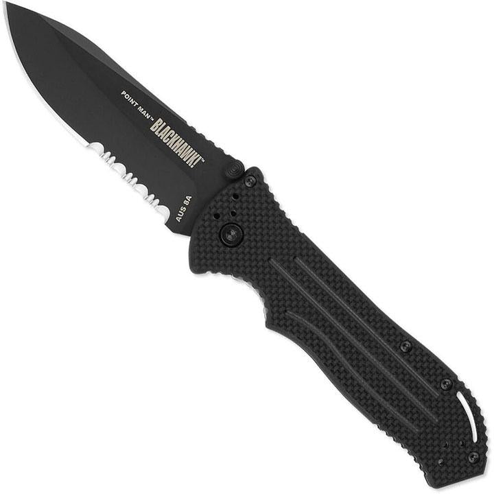 Blackhawk Point Man Folding Knife Serrated Edge Black