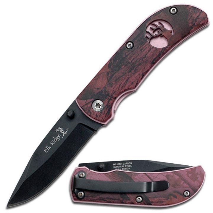 Elk Ridge Folding Knife Pink Frame Purple Overlay Elk Cutout