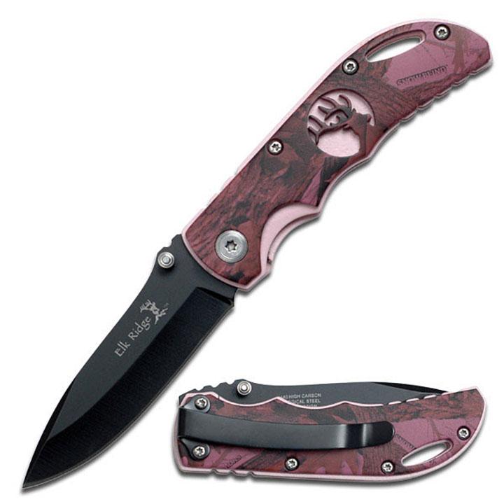 Elk Ridge Folding Knife Pink Frame Purple Overlay Elk Cutout