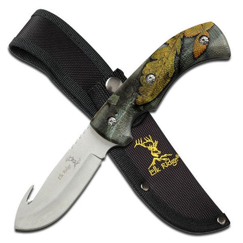 Elk Ridge Fixed Blade Knife 8.75" Overall Forest Camo Coated Rubber Handle