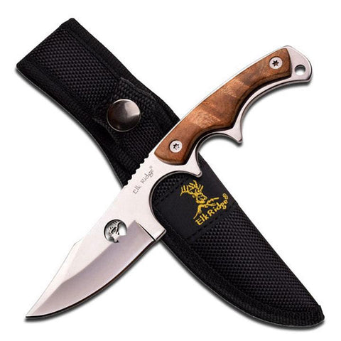 Elk Ridge Fixed Blade Knife 7" Overall Mirror Blade Wood Overlay Handle