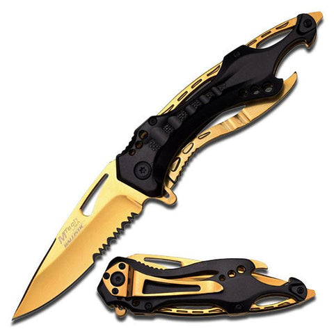 Mtech Spring Assisted Knife 4.5" Closed Gold Titanium Coated Half Serrated Blade