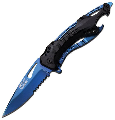 Mtech Spring Assisted Knife  Blue Titanium Coated Half Serrated Blade