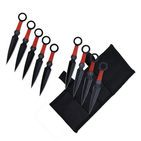 Perfect Point Throwing Knife Set Of 9 Black Blades Red Cord-wrapped Handles 6.25" Overall