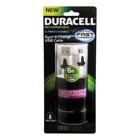 Duracell Standard Usb To Micro Usb Sync And Charge Cable 6' (white)